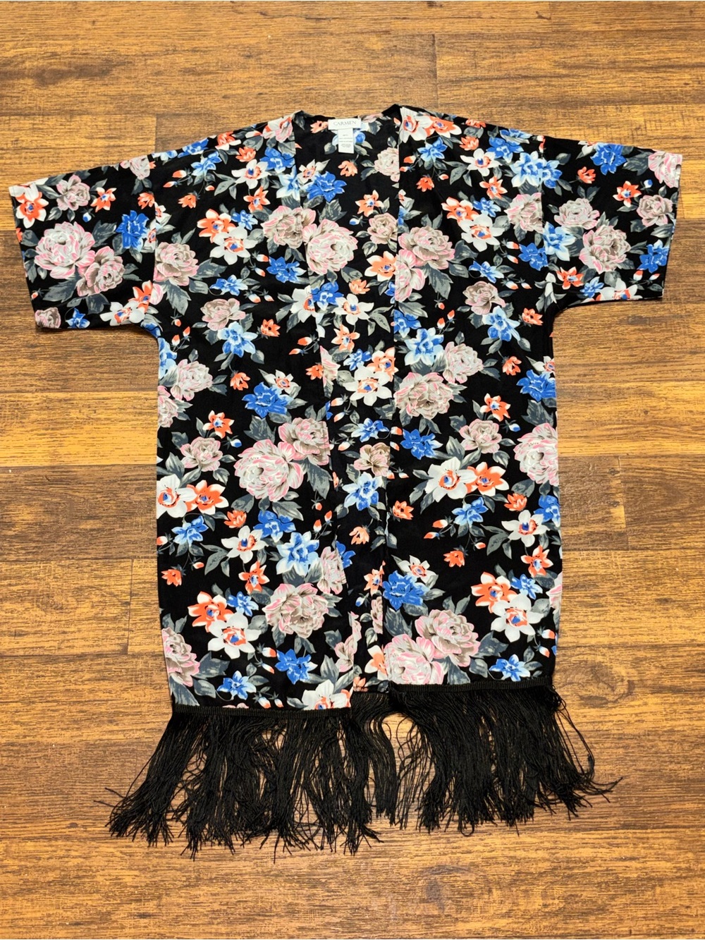 Carmen Marc Valvo Black Floral Fringe Kimono Cardigan